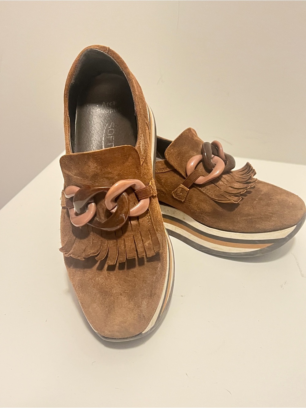Women’s softwave Brown Suede Fringe Loafers with Chunky Chain Detail